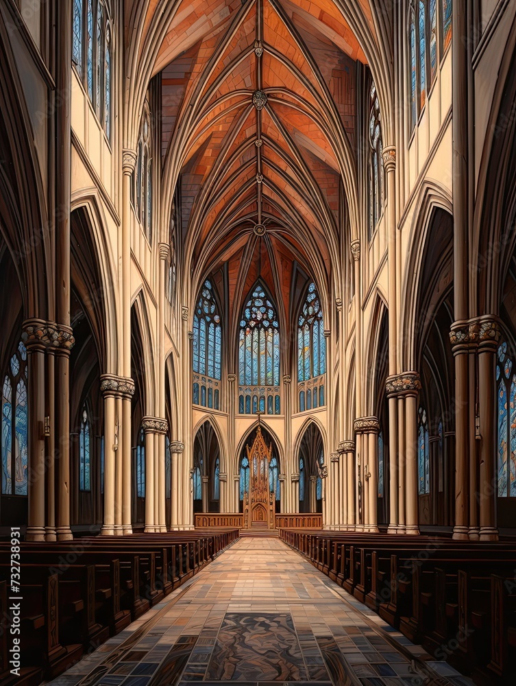 Fototapeta premium Majestic Gothic Cathedral Interiors: Vintage Painting and Stained Glass Artistry