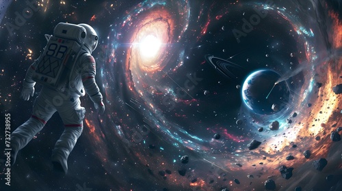 Astronaut drifting in cosmic space among stars and galaxies. surreal sci-fi scene with explorer. digital art wallpaper. fantasy outer space exploration. AI