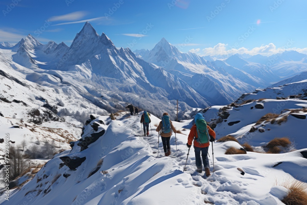 Group of Hikers Ascending Snow Covered Mountain
