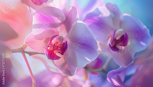 The ethereal beauty of orchids in a captivating display  with petals in shades of pink  purple  and white