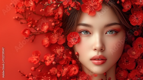 Portrait of a beautiful young asian girl in flowers on her head on a red background