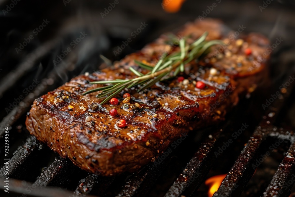 Grilled perfection: A sizzling steak on a summer barbecue, adorned with rosemary, capturing the essence of outdoor cooking.