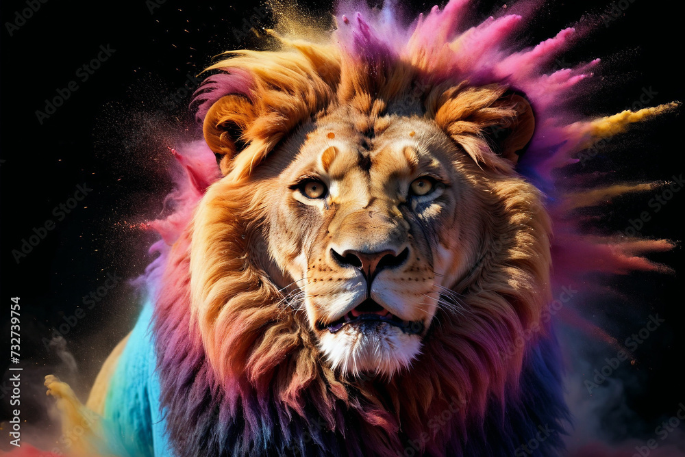 lion in a splash explosion of colors, variegated paint burst