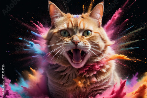 cat in a splash explosion of colors, variegated paint burst