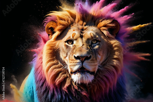 lion in a splash explosion of colors  variegated paint burst