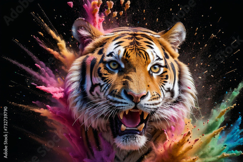 tiger growling in a splash explosion of colors, variegated paint burst