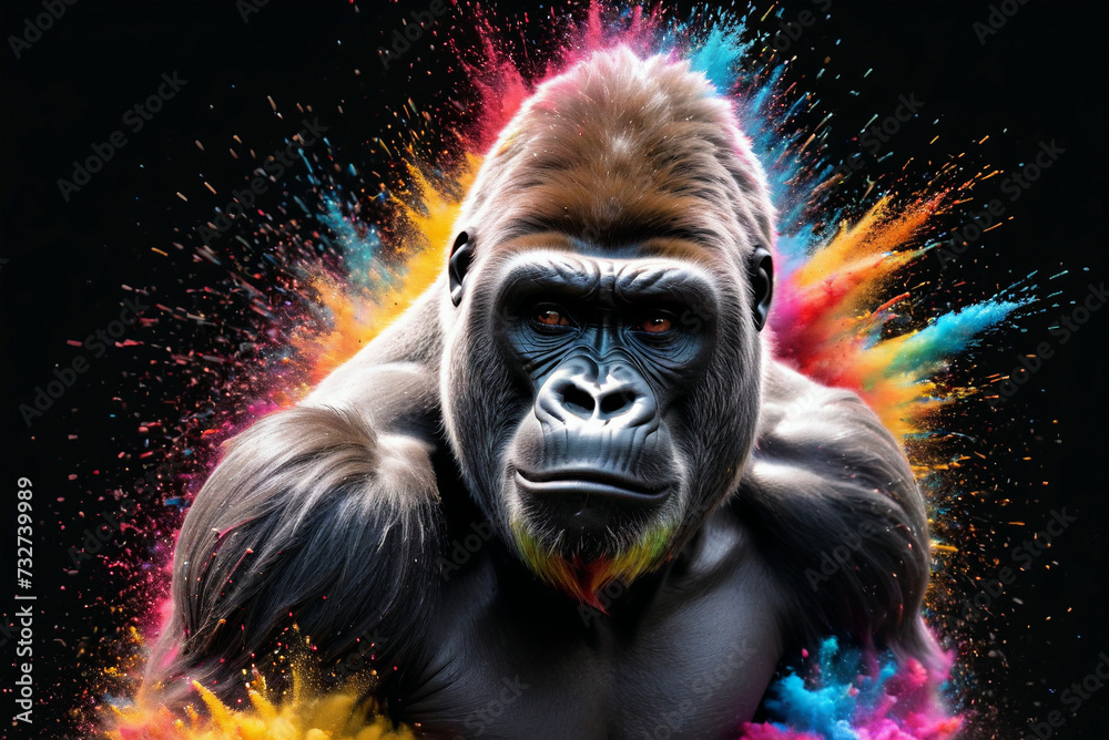 gorilla in a splash explosion of colors, variegated paint burst
