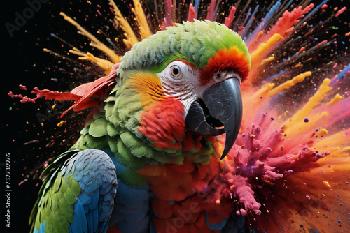 varicolored parrot in a splash explosion of colors, variegated paint burst in the feathering photo