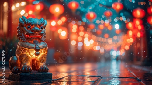 Mystical Night Scene: Chinese Guardian Lion and Glowing Red Lanterns