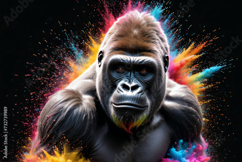 gorilla in a splash explosion of colors, variegated paint burst © pflonk