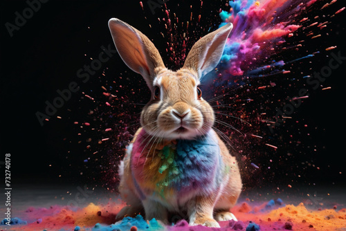 cute varicolored bunny in a cloudy splash of colors, variegated paint burst
