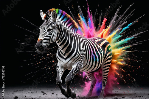 zebra running from a splash explosion of colors  variegated paint burst