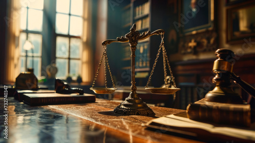 Scales of justice, a judicial hammer and a legal reference book on the judge's desk photo