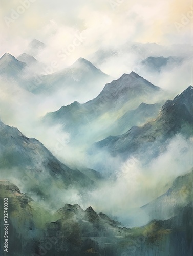 Mist-Enveloped Mountain Peaks: Impressionist Landscape Capturing Cloudy Nature and Foggy Majesty