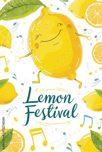 Vector lemon happy with life around with musical notes and sliced lemons with words 