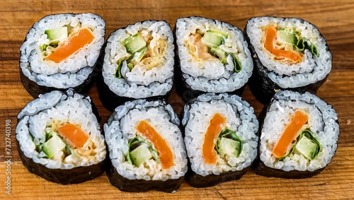 Sushi Roll Platter on wood background. Salmon sushi set, serving food for restaurant, menu, advert or package, close up, selective focus