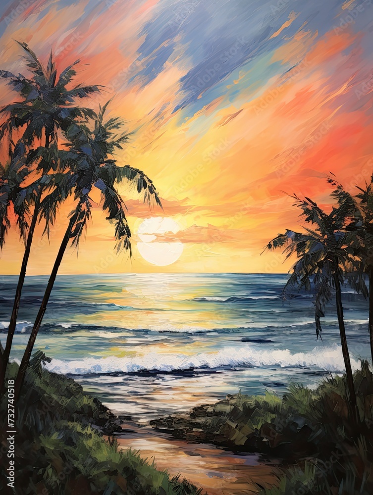 Impressionist Beach View: Silhouetted Palm Beaches - Digital Landscape Art