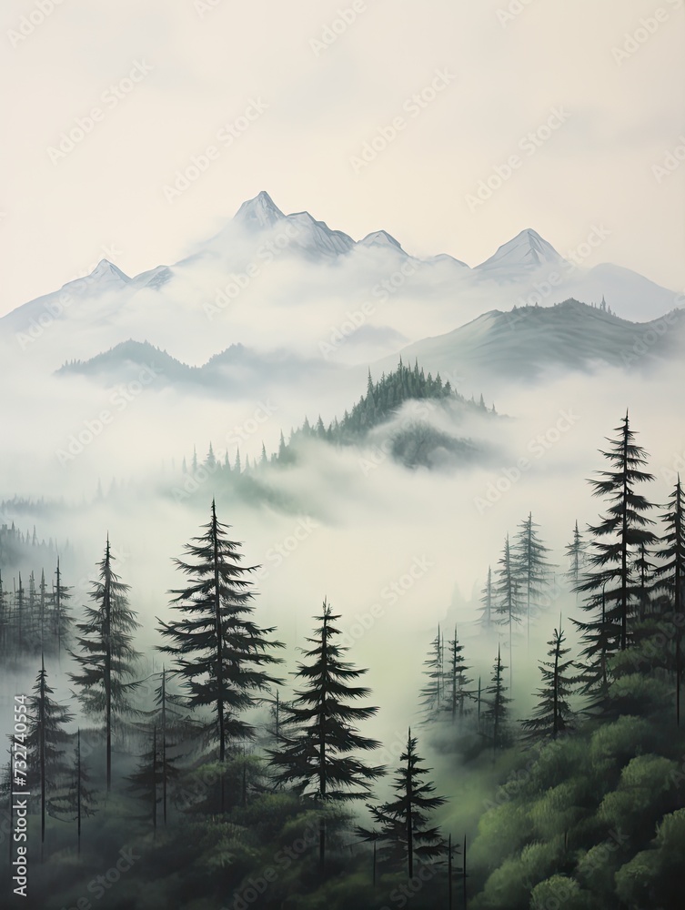 Misty Mountain Peaks: Island Artwork of Foggy Nature View and Cloudy Atmosphere