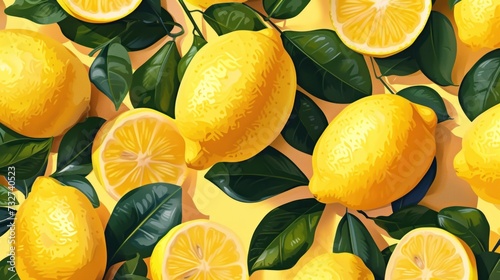 Whole and cut lemons background with leaves on yellow background. Lemon Festival concept. 