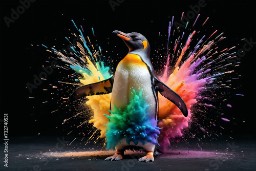 king penguin in a splash explosion of colors, variegated paint burst photo