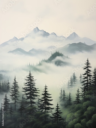 Misty Mountain Peaks: Island Artwork of Foggy Nature View and Cloudy Atmosphere