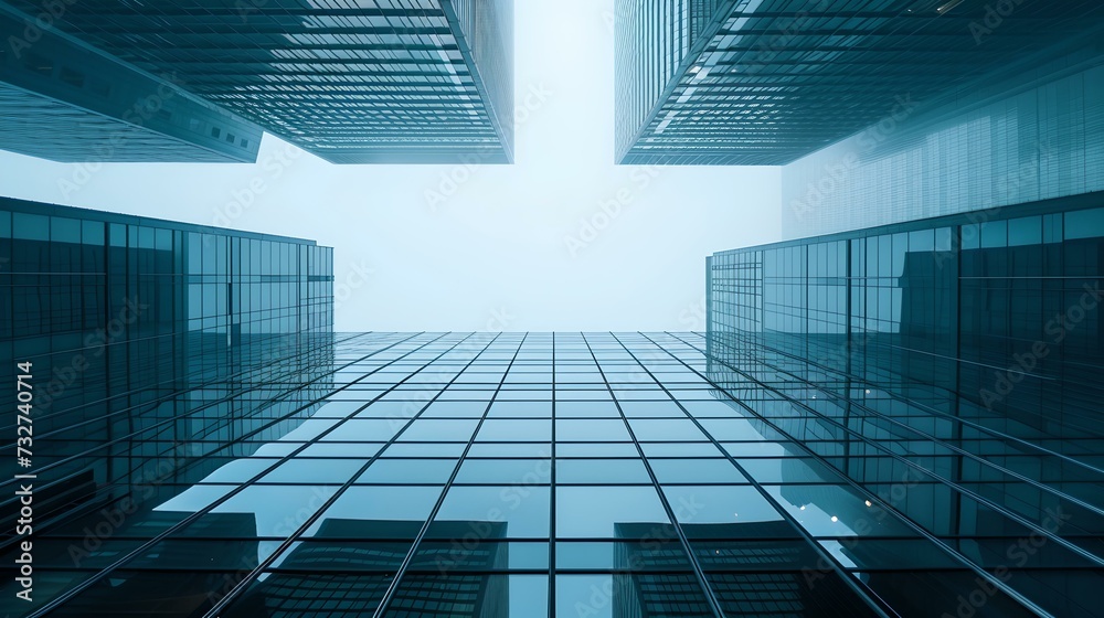 Futuristic cityscape with reflective high-rise buildings, modern urban design concept illustration, blue toned architecture, AI