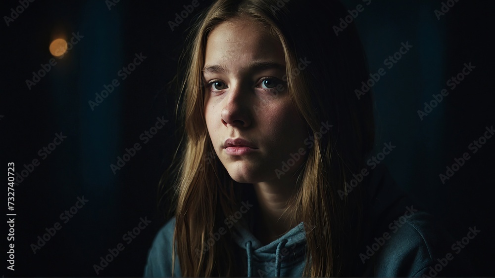 Expression of teen girl at dark, spotlight to teen girl showing expression of sad, wonder and anxiety Expression of teen girl at dark, spotlight to teen girl showing expression of sad, wonder and anxiety