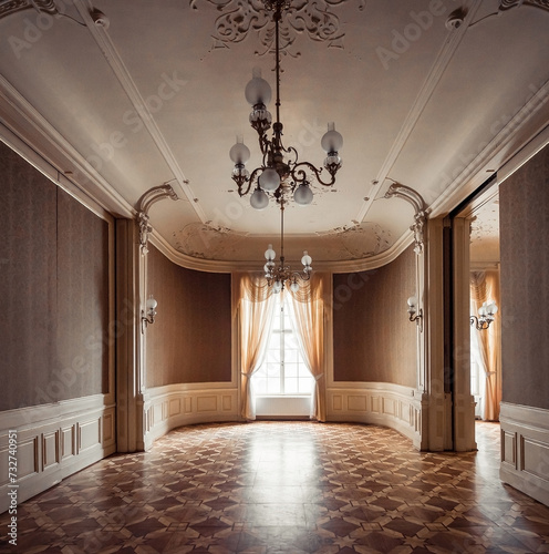 Empty room inside 19th-century building. Symmetric view of baroque-styled interior in brown tones. photo