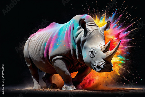 rhino in a splash explosion of colors, variegated paint burst