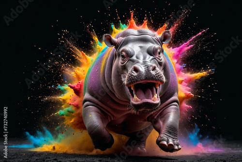 hippo charging from a splash explosion of colors, variegated paint burst