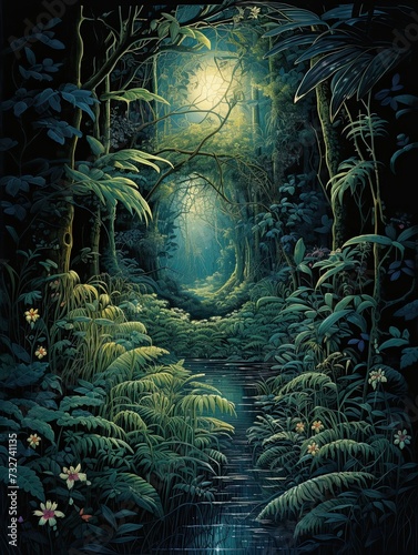 Moonlit Jungle Pathways: Scenic Night Forest Scene Prints