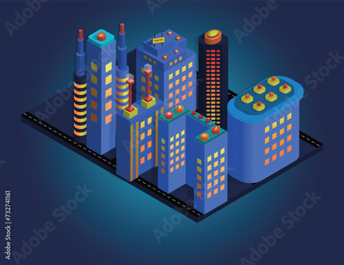 Vector illustration of a dark city in isometric mode.