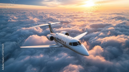 Majestic view of a private jet soaring high above a sea of fluffy clouds during golden hour photo