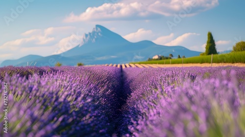 Lavender field with majestic mountain in the background. vibrant purple blooms under a clear sky. perfect for nature and travel themes. AI