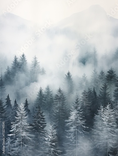 Frosted Pine Forests  Winter Wonderland Landscape Poster with Snow-covered Nature and Art