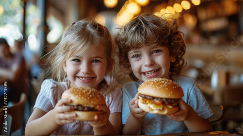 two little children eating a big hamburger at a table in a cafe  boy  girl  fast food  restaurant  kids  junk food  kid  unhealthy food  snack  friends