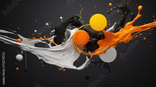 Abstract composition of circular elements and liquid paint. Abstract scene of various colliding objects. Dynamic composition of various flying objects.