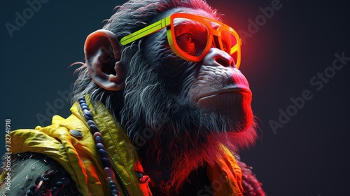 Chimpanzee in sunglasses close-up. Portrait of a chimpanzee. Anthopomorphic creature. Fictional character for advertising and marketing. Humorous character for graphic design. photo