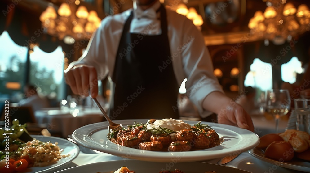 A waiter serving food in hotel dining room. Generative AI.