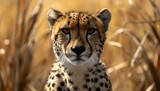 Intense cheetah stare amidst golden grass. wildlife portrait with a majestic feline. natural habitat scene, perfect for nature themes. AI