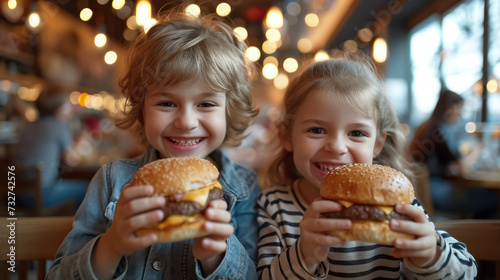 two little children eating a big hamburger at a table in a cafe  boy  girl  fast food  restaurant  kids  junk food  kid  unhealthy food  snack  friends