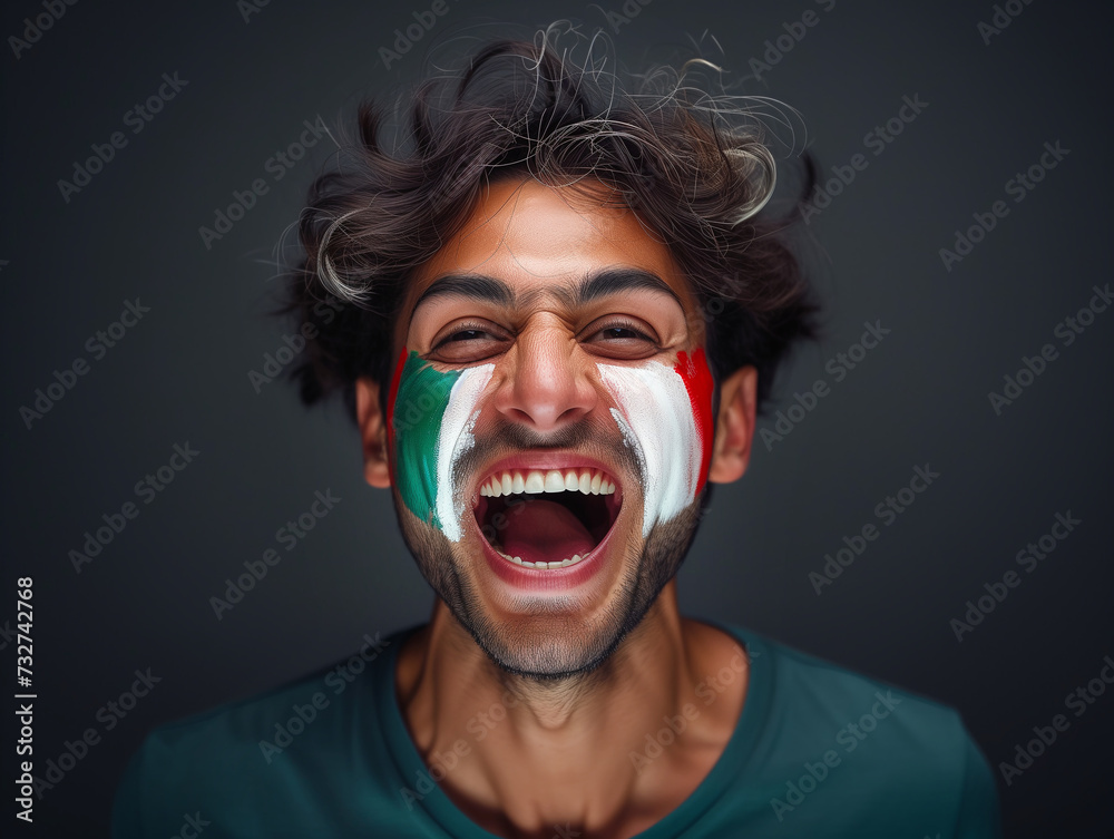 Euphoric National Italian Team Fan with painted in country flag colors face excited Roaring Supporting songs their favorite team straight at the camera. Active sport fans movement and human emotions.