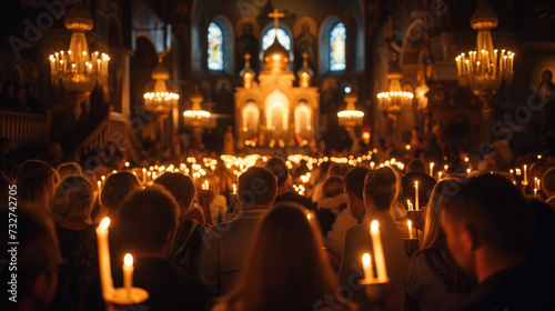 People holding candles in a church during a religious ceremony. Christmas eve, great easter vigil, holy night concept. © Mrt