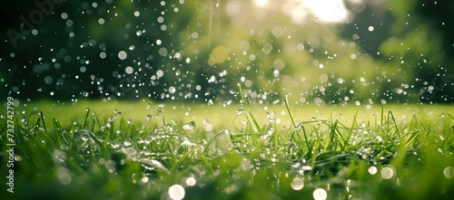 Raindrops glistening on fresh green grass. peaceful summer rain in the morning. nature's beauty captured in pure droplets. perfect for serene backgrounds. AI