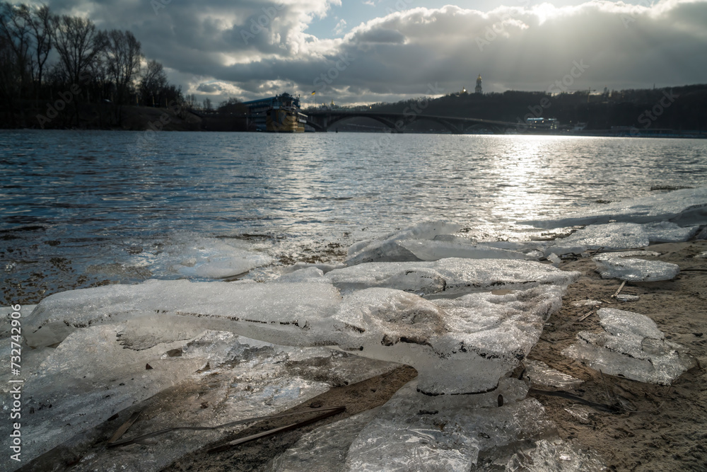 Melting ice on Dnipro river near Kyiv, Ukraine.