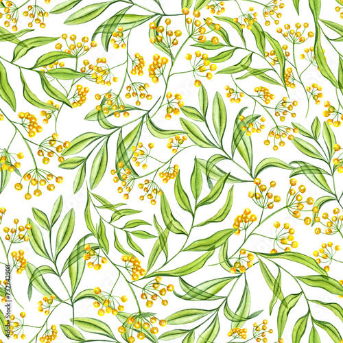 Yellow abstract flowers and green branches of leaves. Spring seamless pattern. Plants in transparent style. Watercolor illustration. For Valentines day, mothers day textile, package