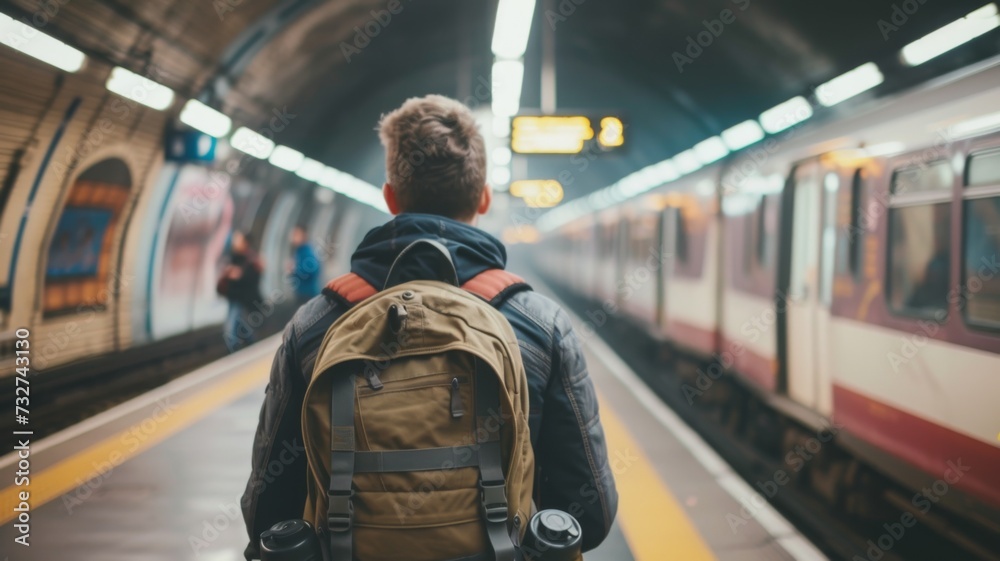 Back view of a lone traveler with a backpack in a subway station Back view of a lone traveler with a backpack in a subway station