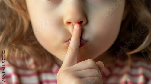 Child's hand, index finger on lips, cute gesture of silence photo
