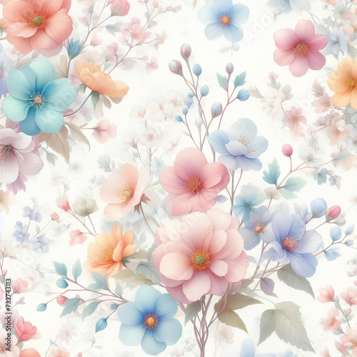 pastel spring flowers on white pattern background