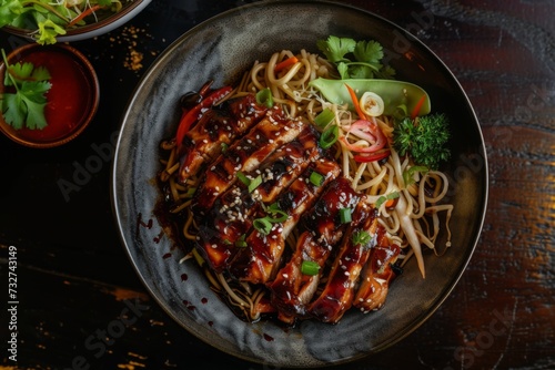 Asian-inspired noodle cuisine topped with grilled meat and fresh garnishes